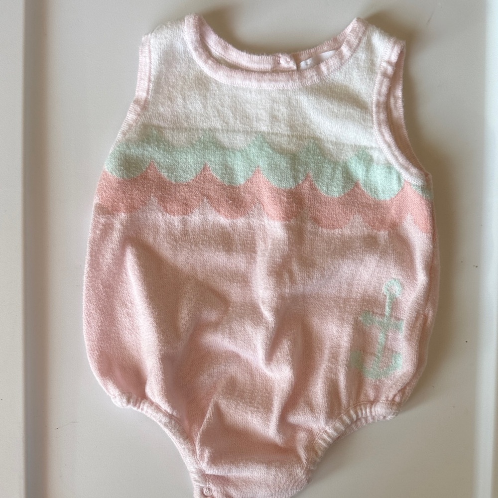 Angel Dear Pink and Mint Scallop Knit Baby One-Piece